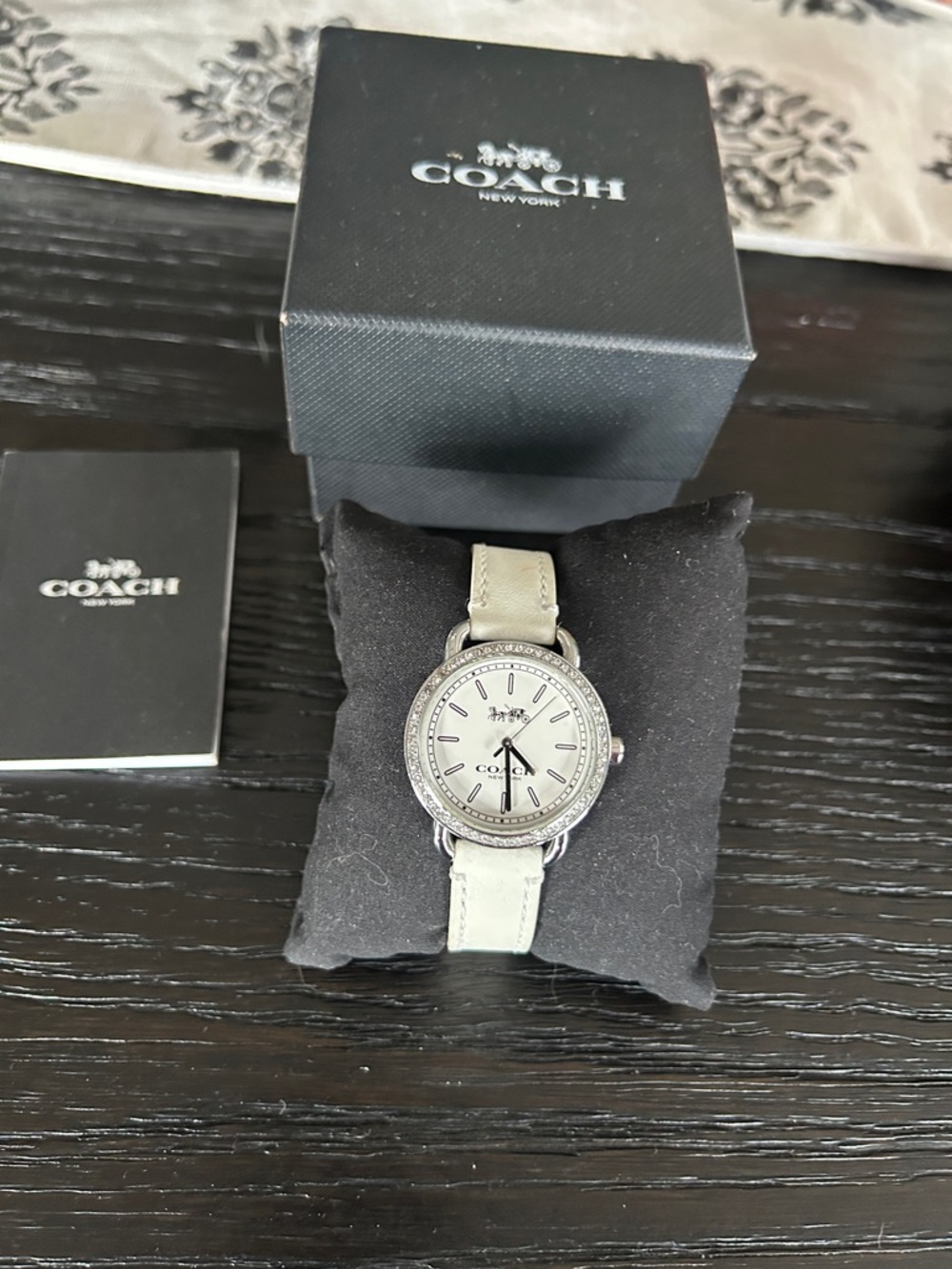 Coach Silver-Tone Watch with White Leather Strap.  Brand new battery.